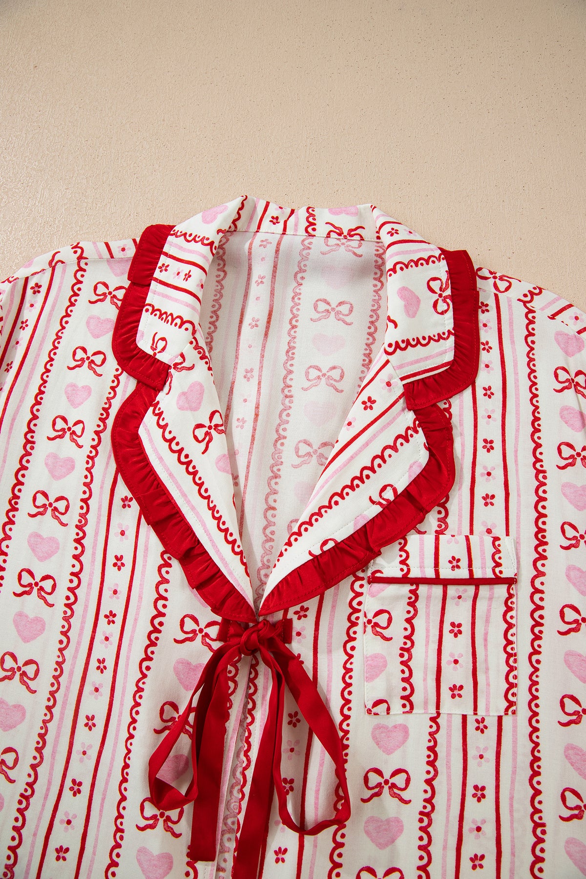 KaleaBoutique Stylish Sweet Floral Heart Bow Print Contrast Trim Long Sleeve Shirt Pajama Short Set - KaleaBoutique.com