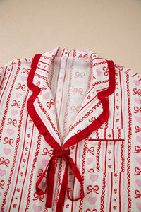 KaleaBoutique Stylish Sweet Floral Heart Bow Print Contrast Trim Long Sleeve Shirt Pajama Short Set - KaleaBoutique.com