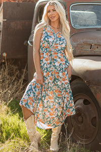 KaleaBoutique Stylish Floral Print Trimmed V Neck Tie Waist Sleeveless Holiday Long Dress - KaleaBoutique.com