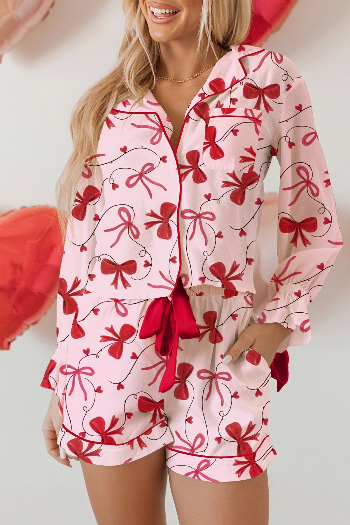 KaleaBoutique Comfortable Bow Print Valentine Long Sleeve Shirt Shorts 2 Pcs Pajama Set - KaleaBoutique.com