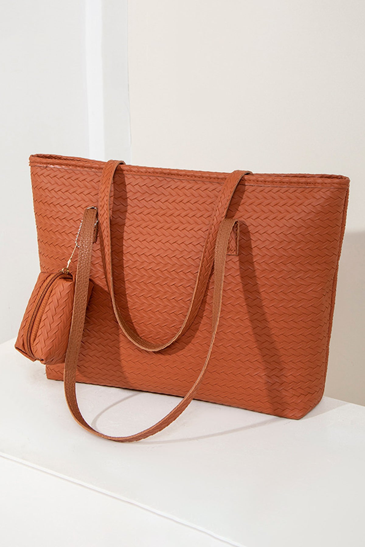 Cinnamon Leatherette Woven Tote Bag with Detachable Pouch - KaleaBoutique.com