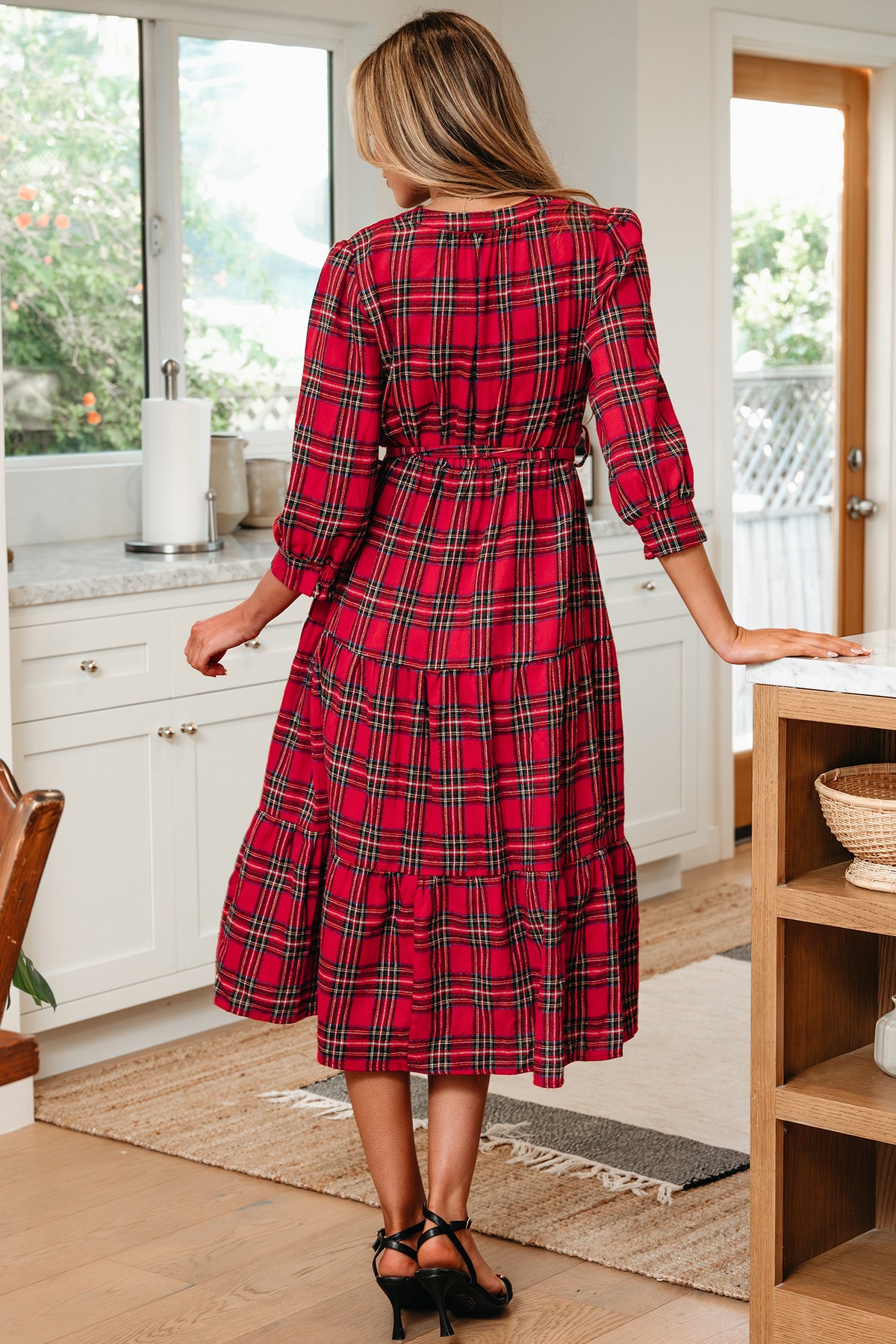 KaleaBoutique Christmas Plaid V Neck 3/4 Sleeve Tie Waist Ruffle Hem Long Dress - KaleaBoutique.com