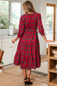 KaleaBoutique Christmas Plaid V Neck 3/4 Sleeve Tie Waist Ruffle Hem Long Dress - KaleaBoutique.com
