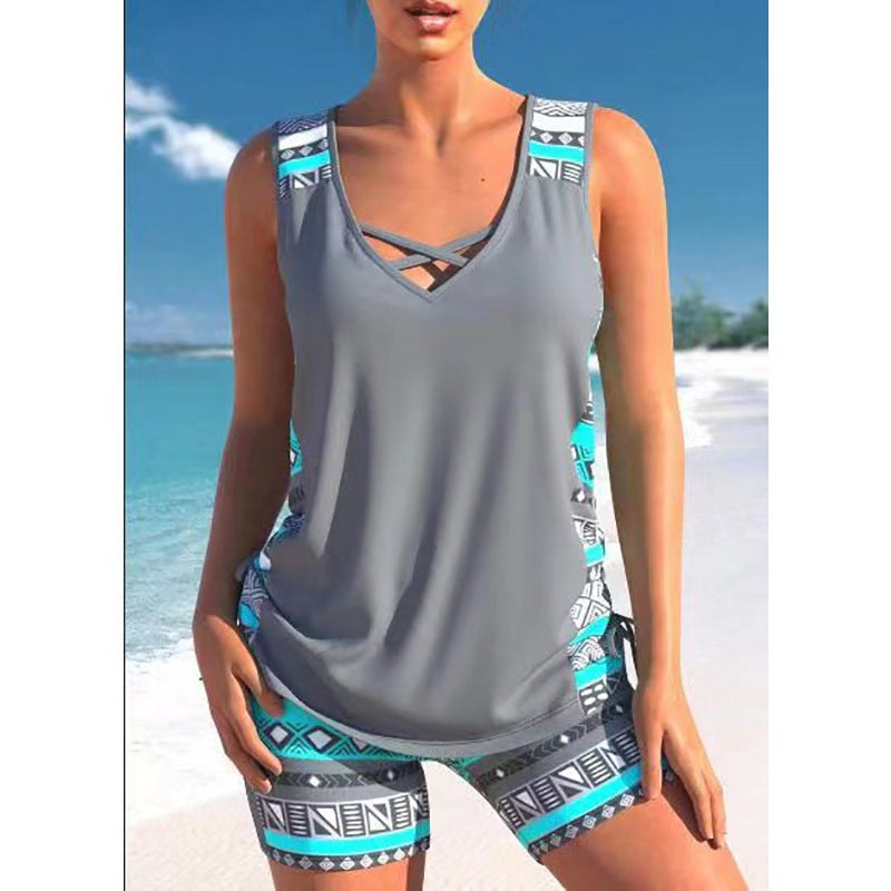 Women's Crisscross V-Neck Swim Top and Shorts 2 PC Tankini Set - KaleaBoutique.com