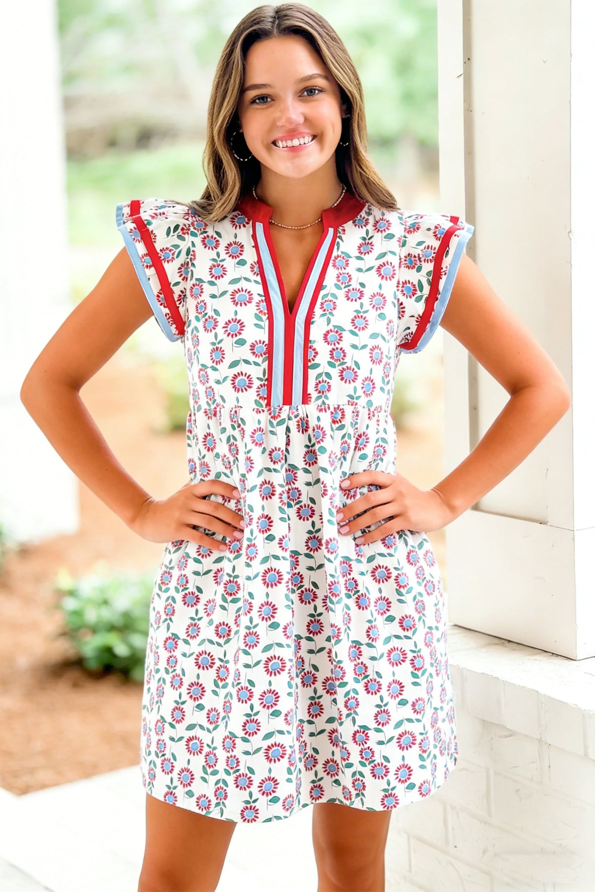 KaleaBoutique Stylish Floral Print Contrast Trim Flutter Sleeve Mini Dress - KaleaBoutique.com