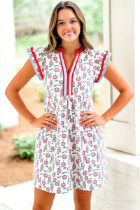 KaleaBoutique Stylish Floral Print Contrast Trim Flutter Sleeve Mini Dress - KaleaBoutique.com