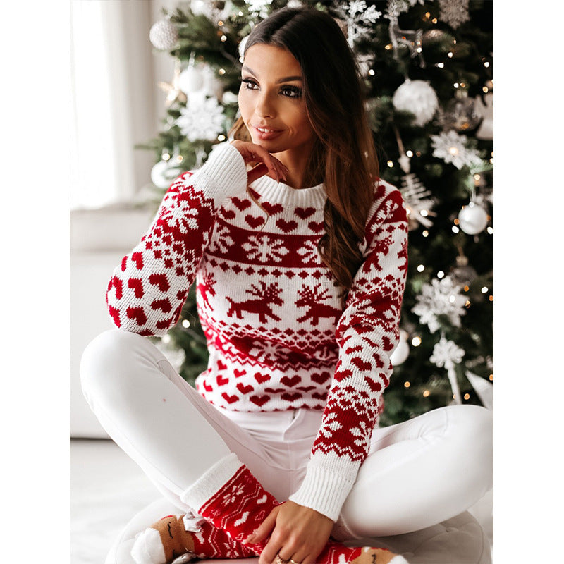 Women's Reindeer Snowflake and Heart Crew-Neck Christmas Sweater - KaleaBoutique.com