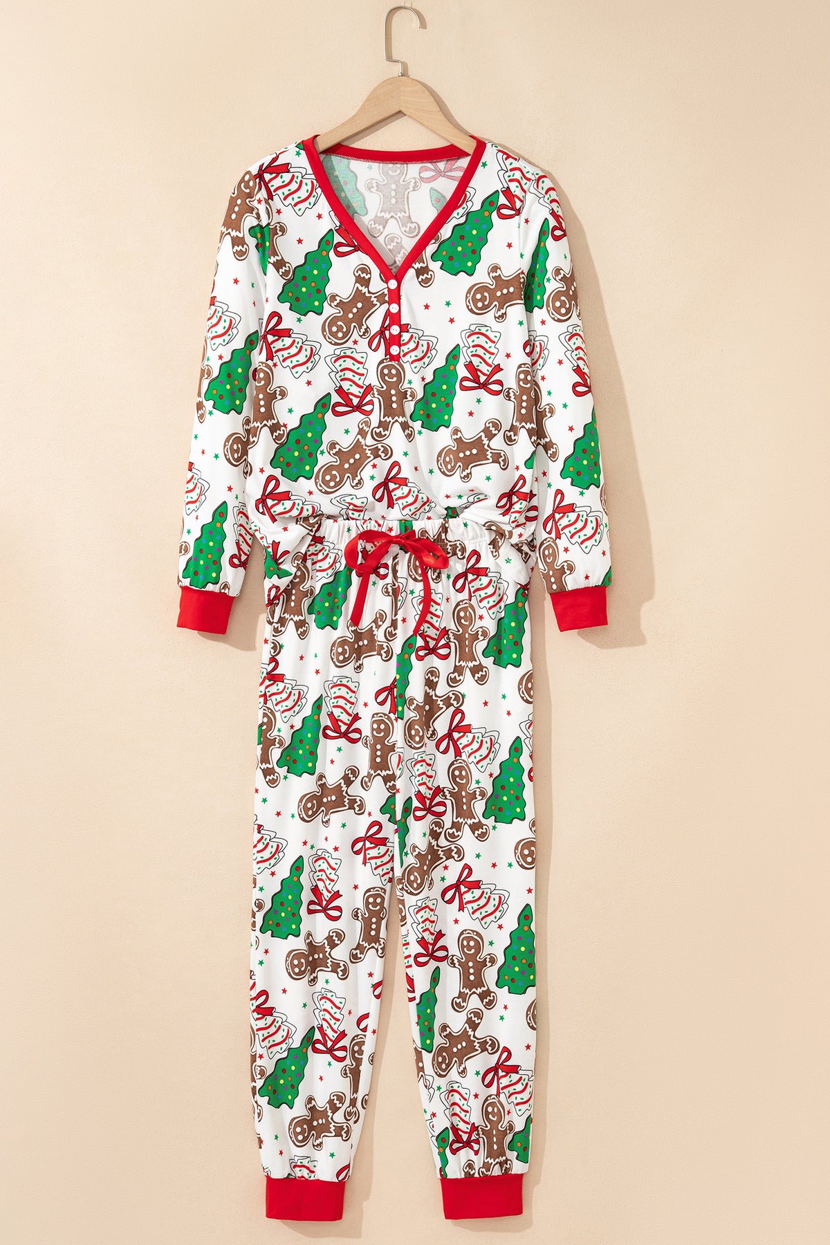KaleaBoutique Stylish Christmas Pattern Button V Neck Pullover Drawstring Pants 2pcs Lounge Set - KaleaBoutique.com