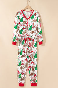 KaleaBoutique Stylish Christmas Pattern Button V Neck Pullover Drawstring Pants 2pcs Lounge Set - KaleaBoutique.com