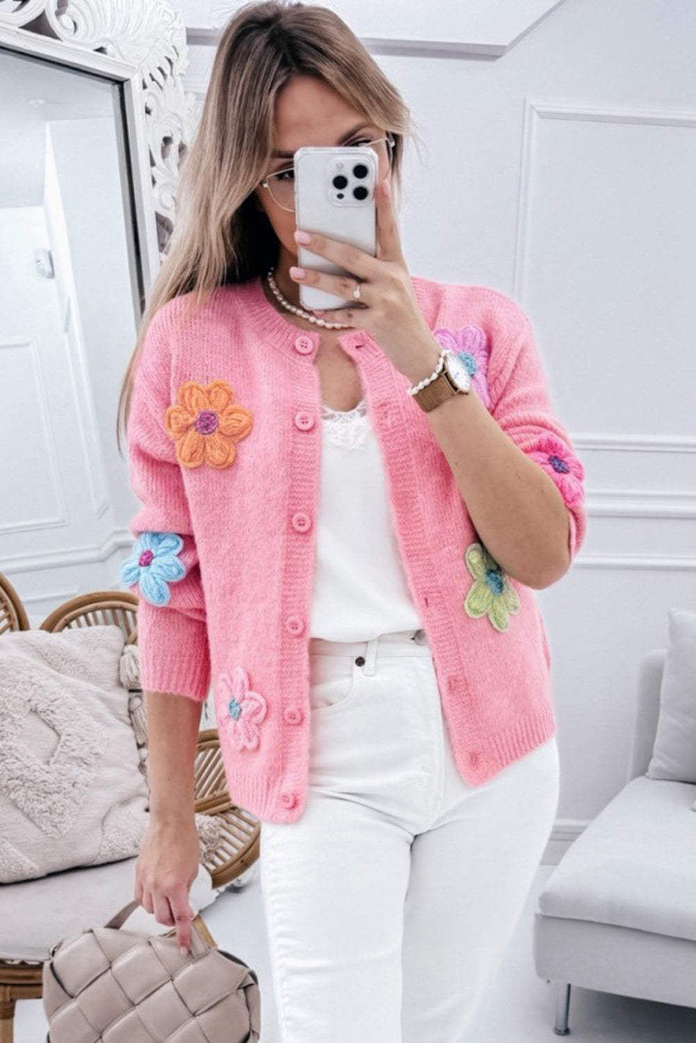 Cute Knitted Floral Pattern Button Up Cardigan - KaleaBoutique.com
