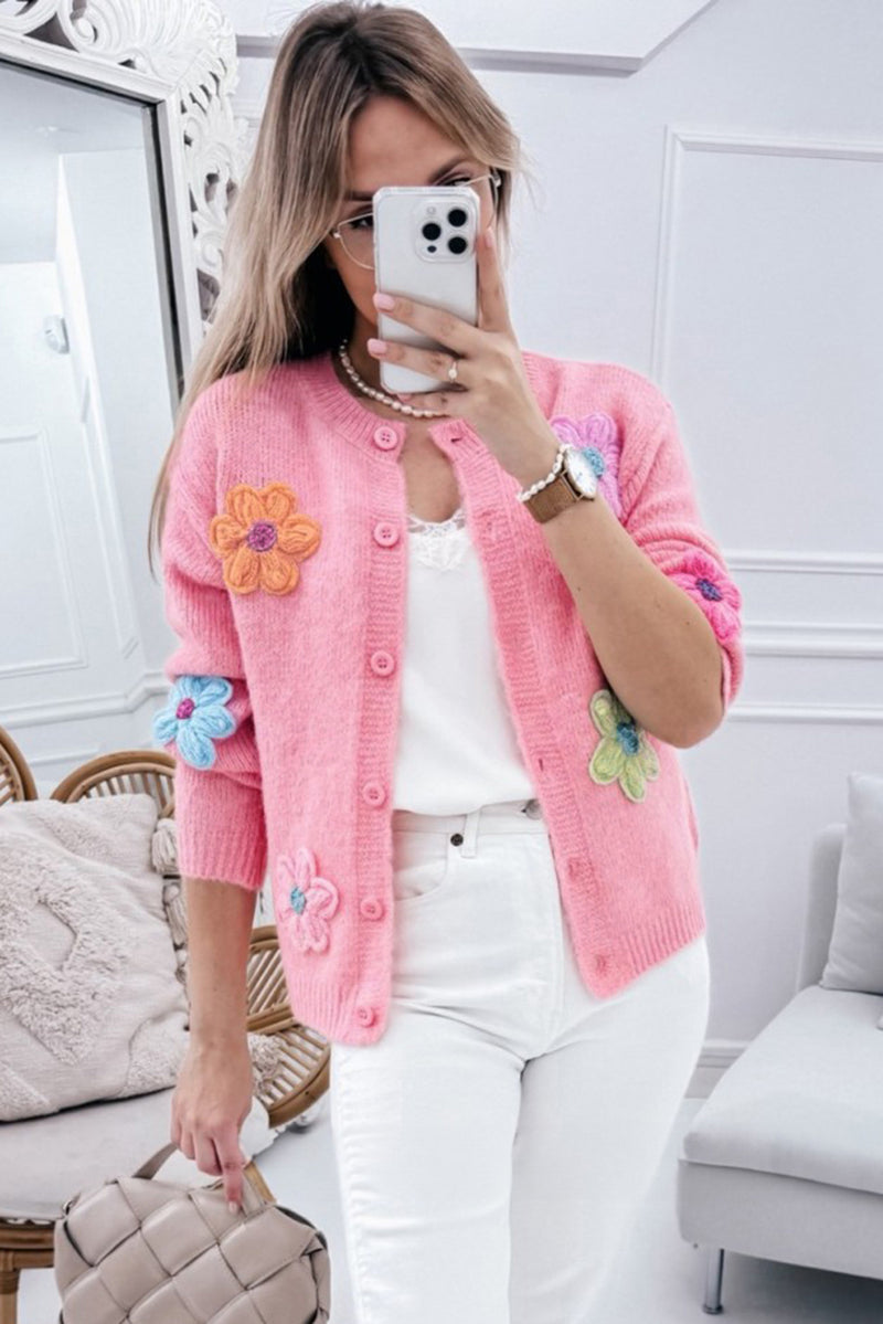 Cute Knitted Floral Pattern Button Up Cardigan - KaleaBoutique.com