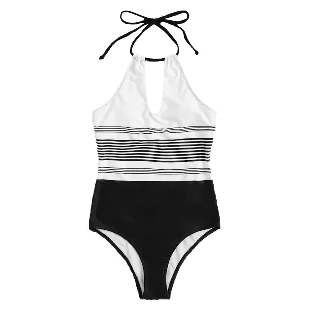 Women Striped Halter Keyhole Black and White One-Piece Swimsuit - KaleaBoutique.com
