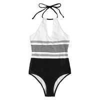 Women Striped Halter Keyhole Black and White One-Piece Swimsuit - KaleaBoutique.com