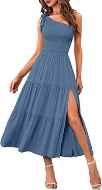 New Summer Fashion Women's One-shoulder Pleated Layered Hem Split Dress - KaleaBoutique.com