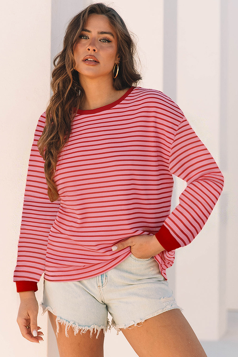 KaleaBoutique Stylish New Textured Round Neck Drop Shoulder Long Sleeve T Shirt - KaleaBoutique.com