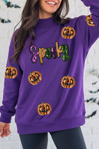 Purple Sequin Pumpkin SPOOKY Mock Neck Halloween Sweatshirt - KaleaBoutique.com