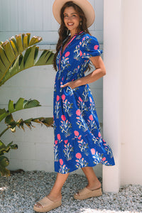 Floral Puff Short Sleeve V Neck High Waist Maxi Dress - KaleaBoutique.com