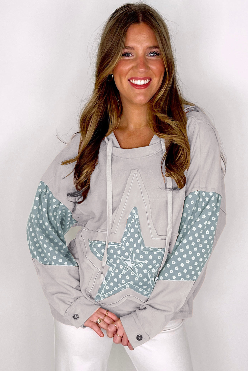 KaleaBoutique Floral Patchwork Star Pattern Drawstring Hoodie - KaleaBoutique.com