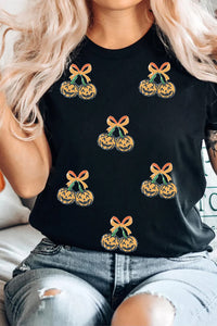 Black Sequin Pumpkin Cherry Halloween Graphic Tee - KaleaBoutique.com