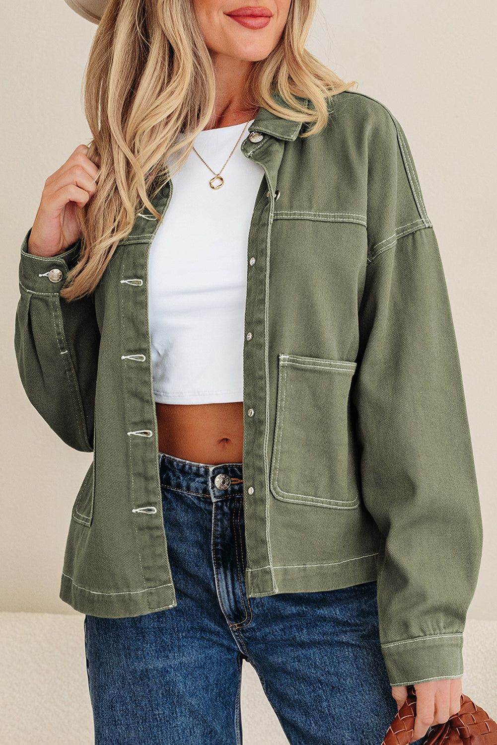 Patched Pocket Collared Button Front Boyfriend Denim Jacket - KaleaBoutique.com