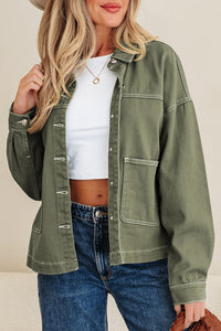 Patched Pocket Collared Button Front Boyfriend Denim Jacket - KaleaBoutique.com