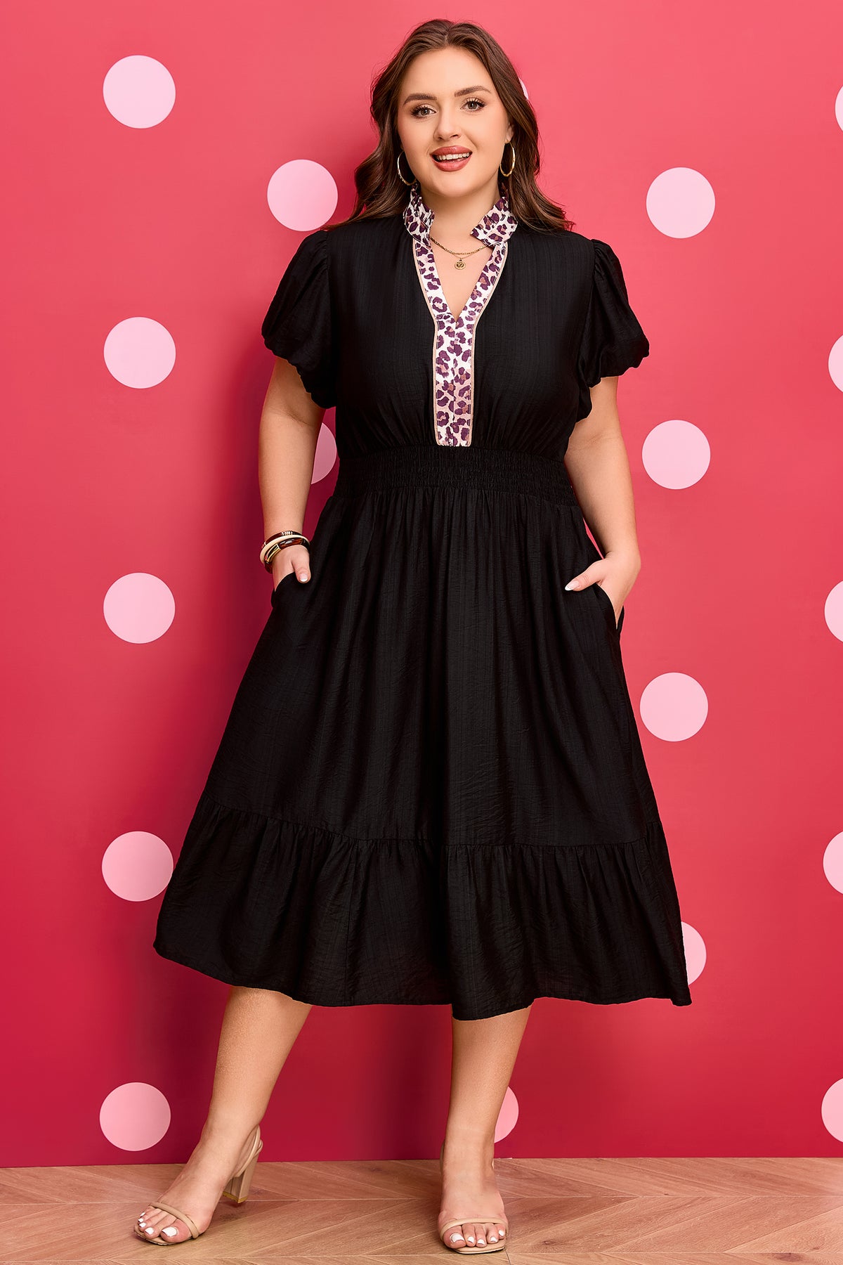 Black Leopard Plus Size V-Neck Smocked Waist Ruffle Dress - KaleaBoutique.com