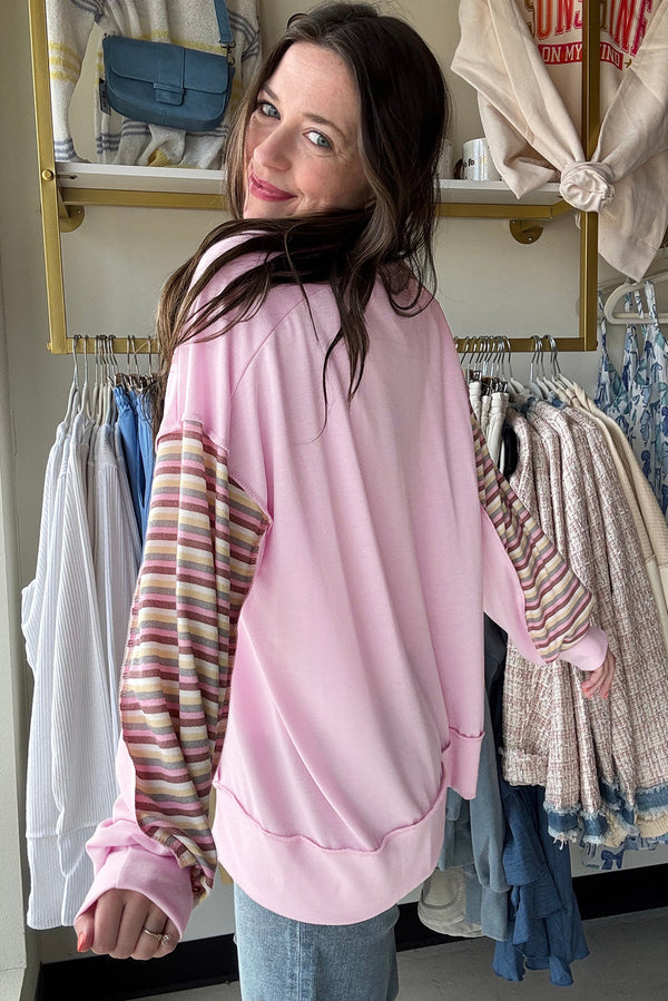 KaleaBoutique Stylish Exposed Seam Color Block Striped Patchwork Loose Henley Sweatshirt - KaleaBoutique.com