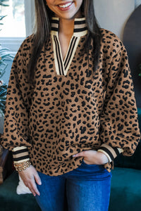 KaleaBoutique Stylish Leopard Print Striped Trim Collar Long Sleeve Shift Pullover - KaleaBoutique.com