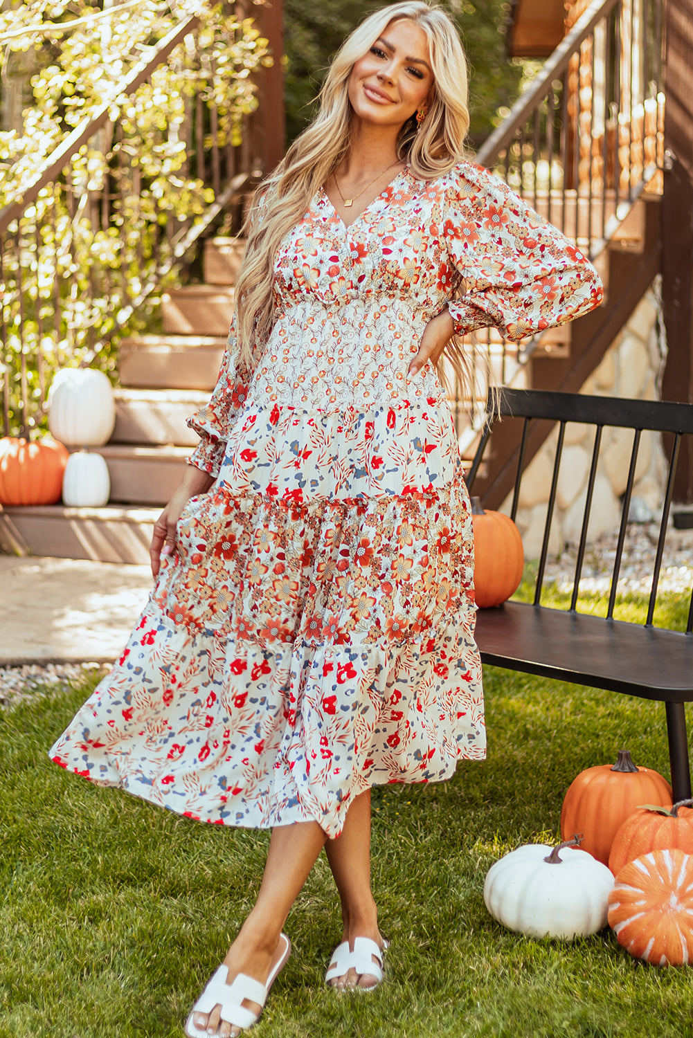 KaleaBoutique Stylish Floral Print Ruffled Tiered Long Sleeve V Neck Midi Dress - KaleaBoutique.com