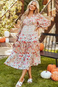 KaleaBoutique Stylish Floral Print Ruffled Tiered Long Sleeve V Neck Midi Dress - KaleaBoutique.com