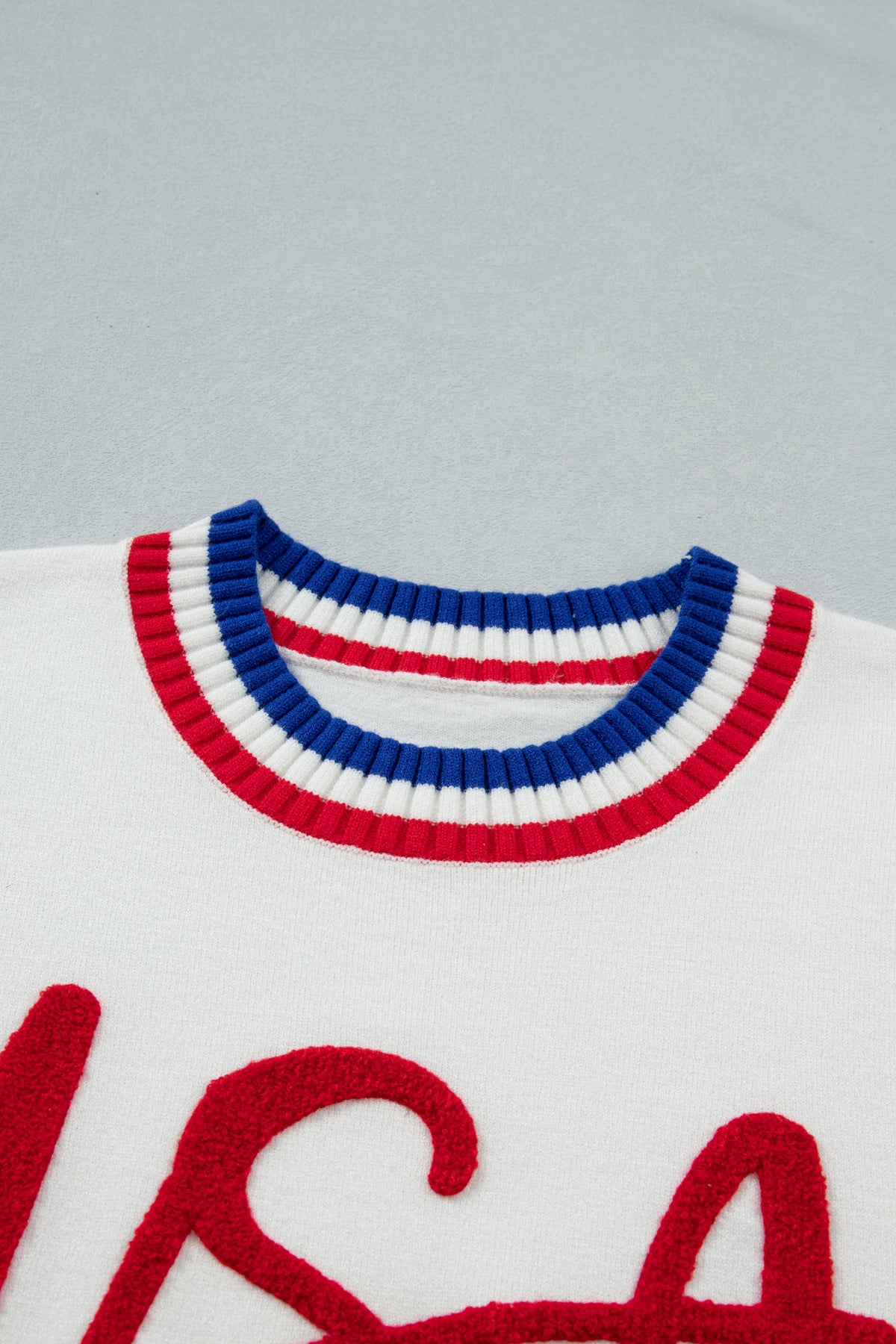 KaleaBoutique Stylish USA Contrast Striped Trim Round Neck Short Sleeve Sweater - KaleaBoutique.com