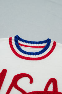 KaleaBoutique Stylish USA Contrast Striped Trim Round Neck Short Sleeve Sweater - KaleaBoutique.com