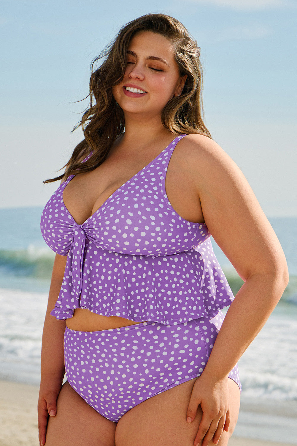 Plus Size Polka Dot Print Ruffled Knotted V Neck Tankini Set - KaleaBoutique.com
