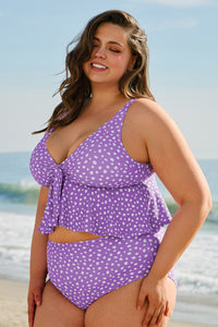 Plus Size Polka Dot Print Ruffled Knotted V Neck Tankini Set - KaleaBoutique.com