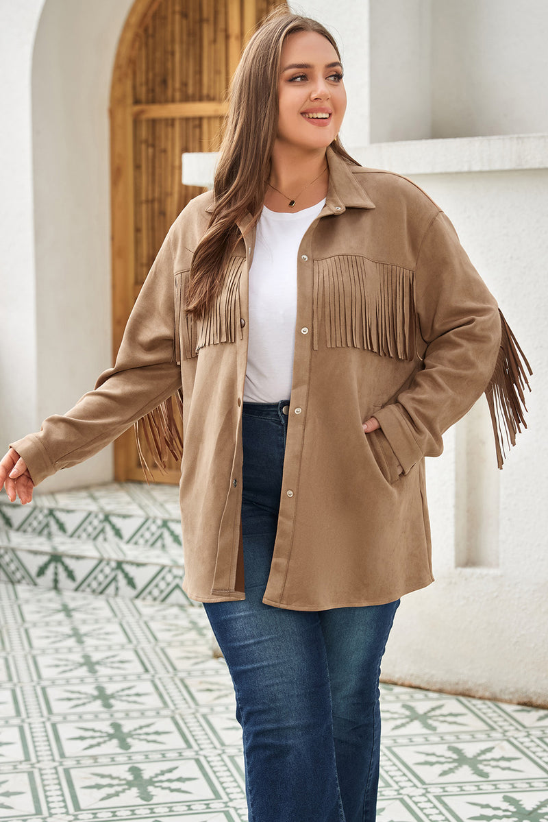 KaleaBoutique Fringe Trim Plus Size Suede Shacket - KaleaBoutique.com