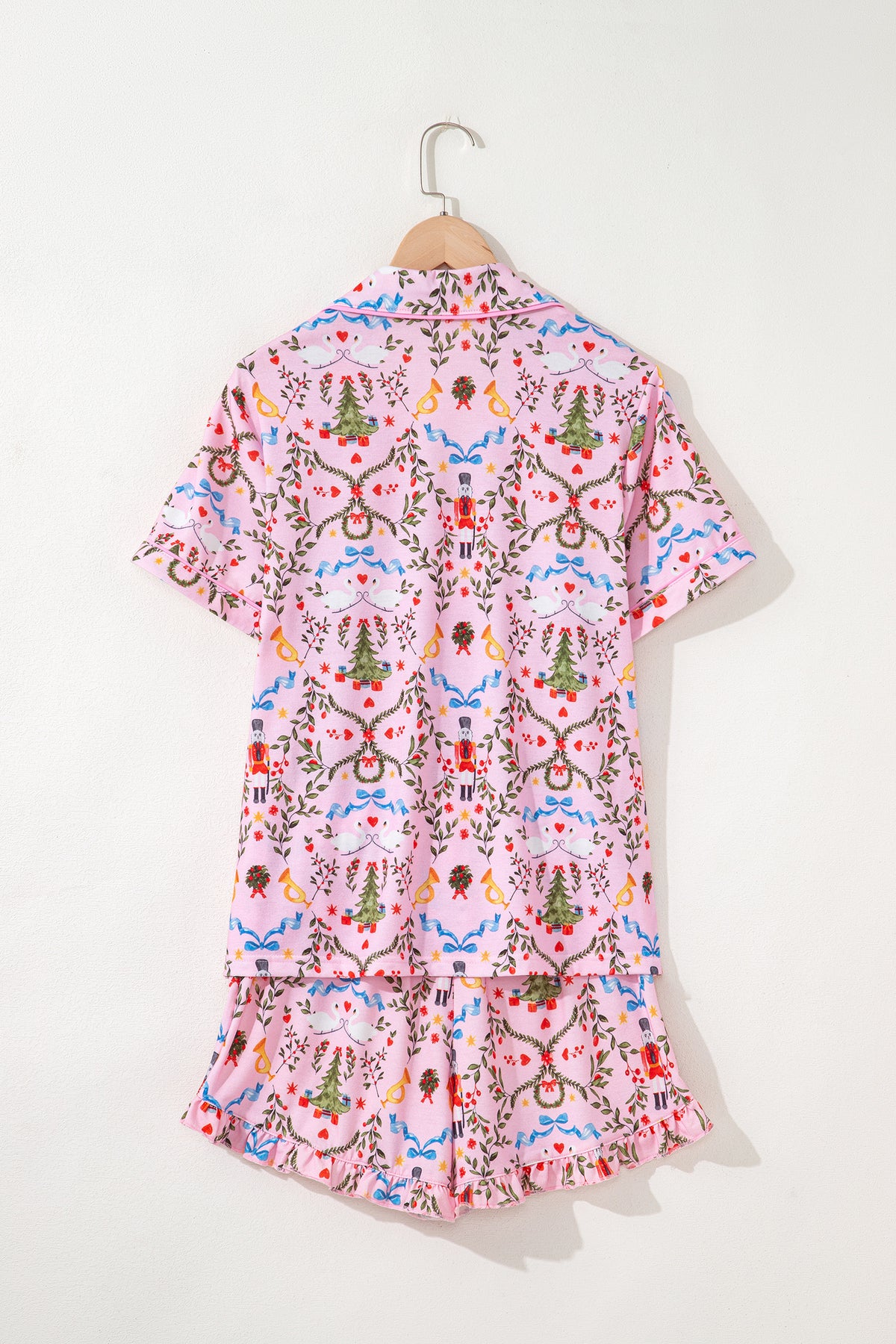 KaleaBoutique Comfortable Nutcracker Doll Christmas Print Ribbon Tie Waist Short 2pcs Pajama Set - KaleaBoutique.com