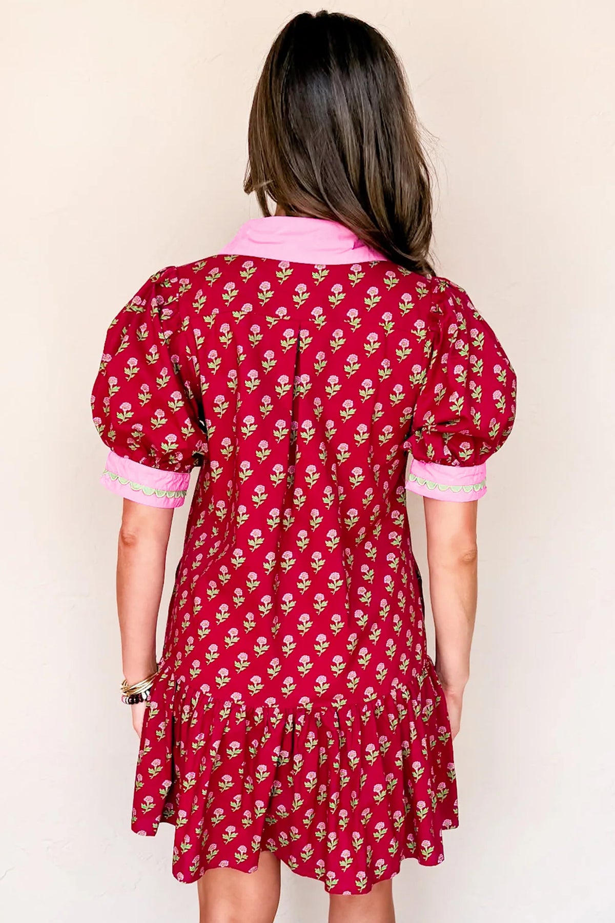 Floral Print Contrasted V Neck Short Bubble Sleeve Mini Dress - KaleaBoutique.com