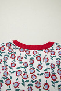 KaleaBoutique Stylish Cute Sunflower Printed Striped Patchwork Trim Flutter Sleeve Long Dress - KaleaBoutique.com