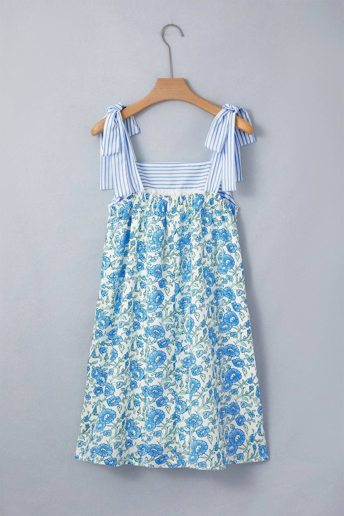 KaleaBoutique Stylish Floral Print Striped Patchwork Bow Knot Straps Mini Dress - KaleaBoutique.com