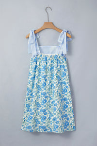 KaleaBoutique Stylish Floral Print Striped Patchwork Bow Knot Straps Mini Dress - KaleaBoutique.com