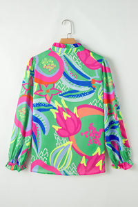 KaleaBoutique Abstract Print Ruffled Sleeve Buttoned V Neck Blouse - KaleaBoutique.com