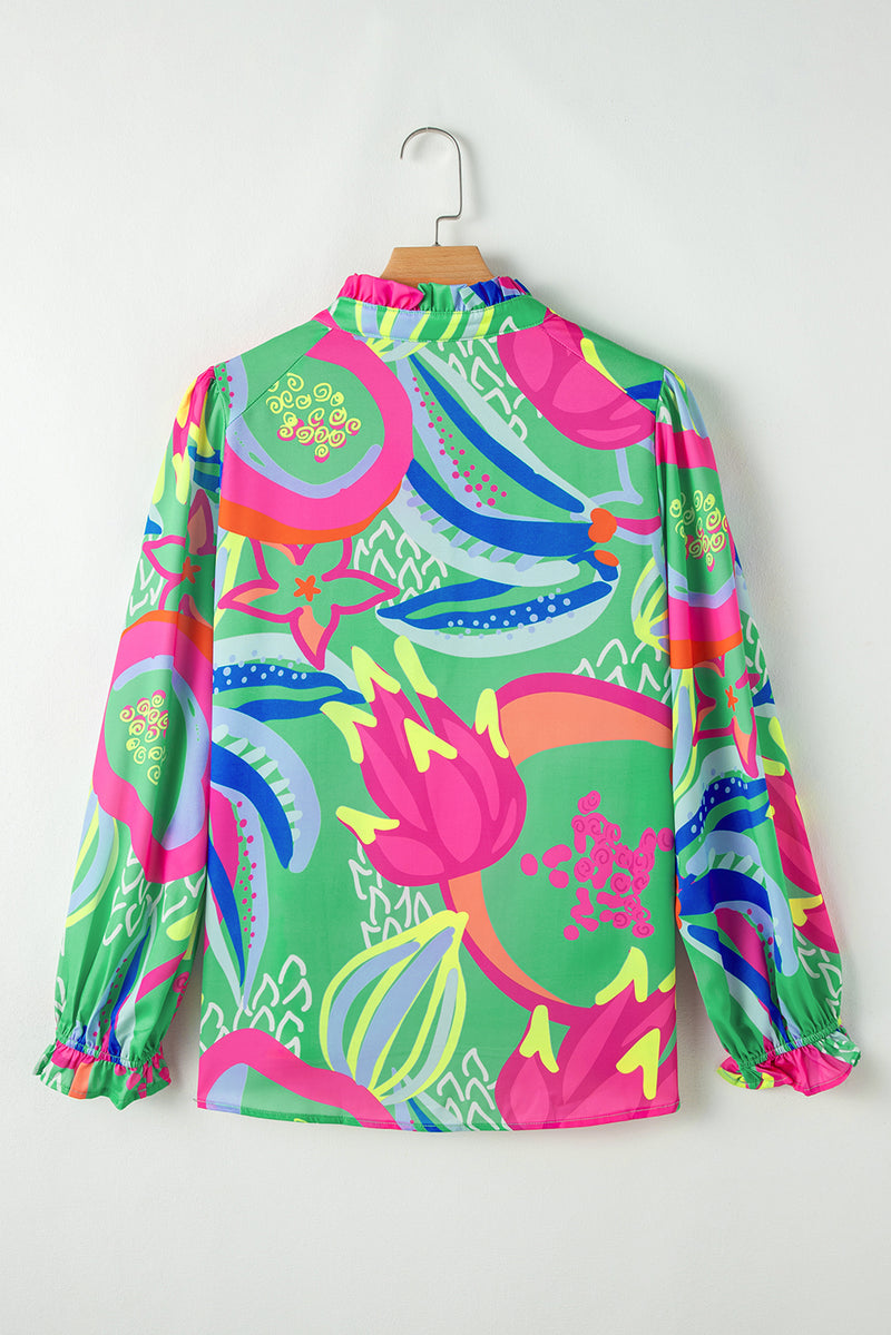 KaleaBoutique Abstract Print Ruffled Sleeve Buttoned V Neck Blouse - KaleaBoutique.com