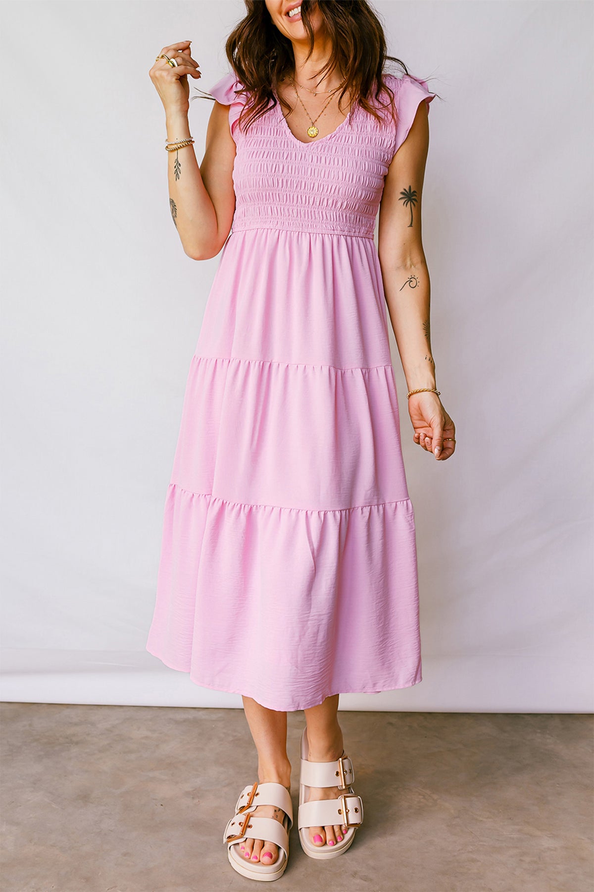 Smocked Bodice Flutter Sleeve Fit Flare Tiered Midi Dress - KaleaBoutique.com