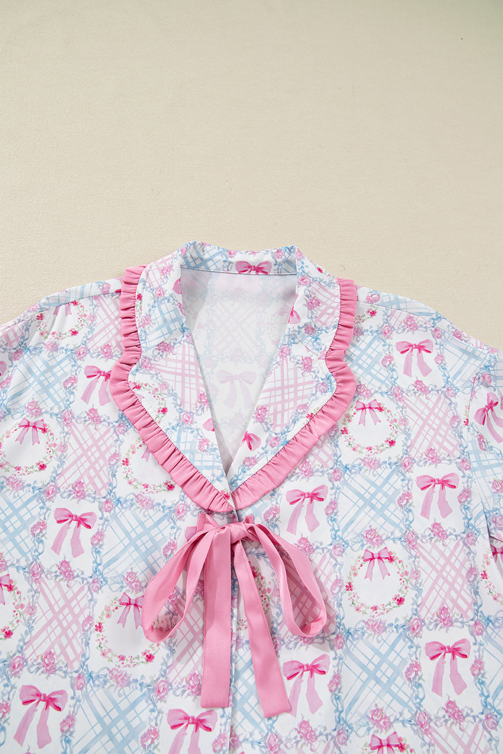 KaleaBoutique Stylish Bow Wreath Pattern Christmas Holiday Tied Front Long Sleeve 2pcs Pajama Set - KaleaBoutique.com