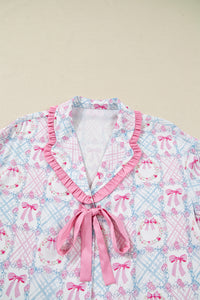KaleaBoutique Stylish Bow Wreath Pattern Christmas Holiday Tied Front Long Sleeve 2pcs Pajama Set - KaleaBoutique.com