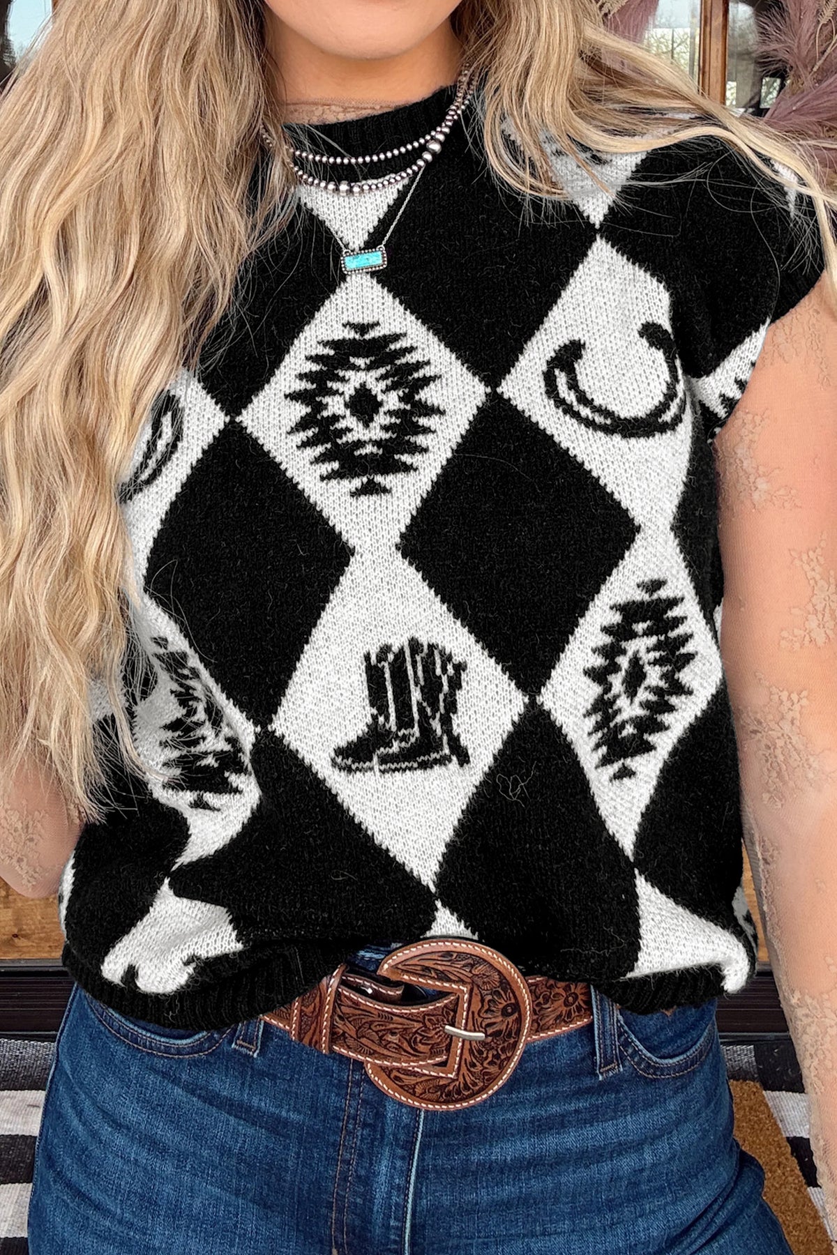 KaleaBoutique Stylish Retro Rhombus Western Print Drop Shoulder Short Sleeve Sweater - KaleaBoutique.com