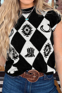 KaleaBoutique Stylish Retro Rhombus Western Print Drop Shoulder Short Sleeve Sweater - KaleaBoutique.com