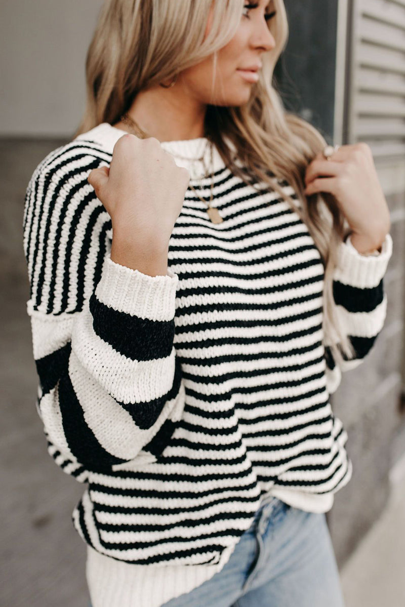 KaleaBoutique Stylish Striped Drop Shoulder Bishop Sleeve Knit Sweater - KaleaBoutique.com