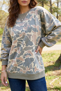 KaleaBoutique Stylish Camo Print Ribbed Trim Casual Pullover Sweatshirt - KaleaBoutique.com