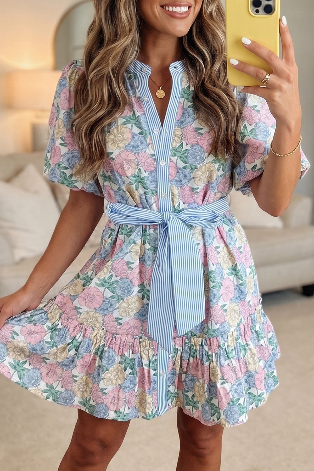 KaleaBoutique Stylish Floral Print Striped Contrast Trim Belted Short Dress - KaleaBoutique.com
